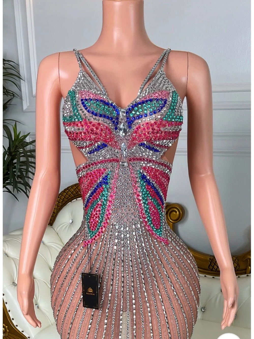 Crystal-Embellished Multicolor Mini Dress with Strappy Detail